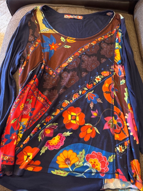 Desigual Tops - Desigual Navy Multicolor Floral Patchwork Scoop Neck Top